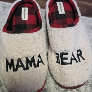 dearfoams Mama Bear Cream Slippers with Red Plaid Lining